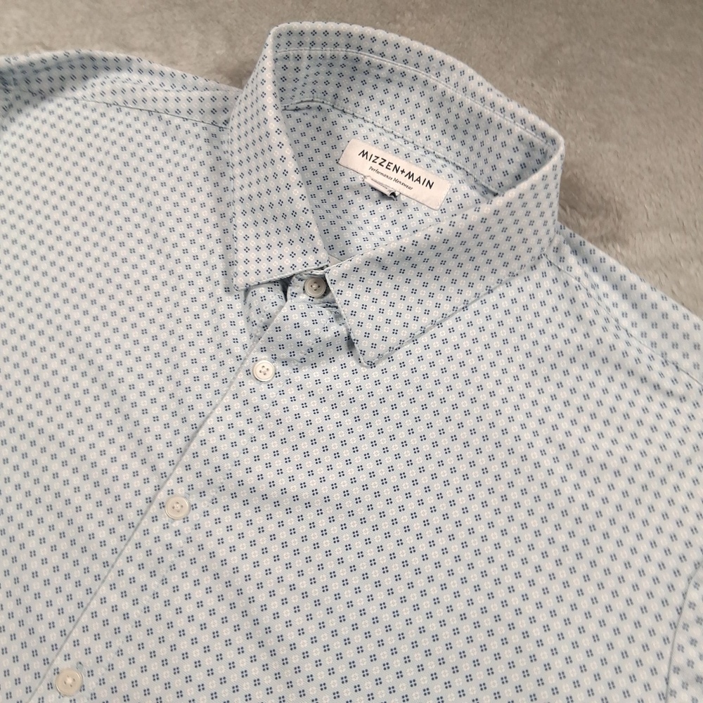 Mizzen+Main Shirt Mens 2XL Blue Geometric Trim Fit Stretch Performance Preppy